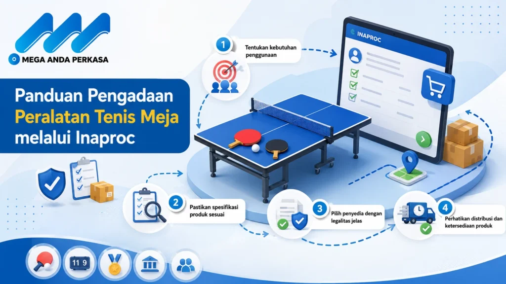 Banner panduan pengadaan peralatan tenis meja melalui Inaproc dengan ilustrasi meja tenis, platform digital pengadaan, ikon kebutuhan, verifikasi spesifikasi, legalitas penyedia, distribusi produk, serta logo Mega Anda Perkasa dalam desain modern bernuansa biru.
