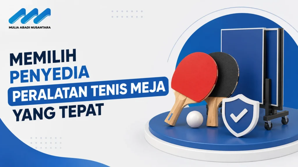 Banner pemilihan penyedia peralatan tenis meja dengan ilustrasi bet, meja tenis, dan simbol kualitas terpercaya.