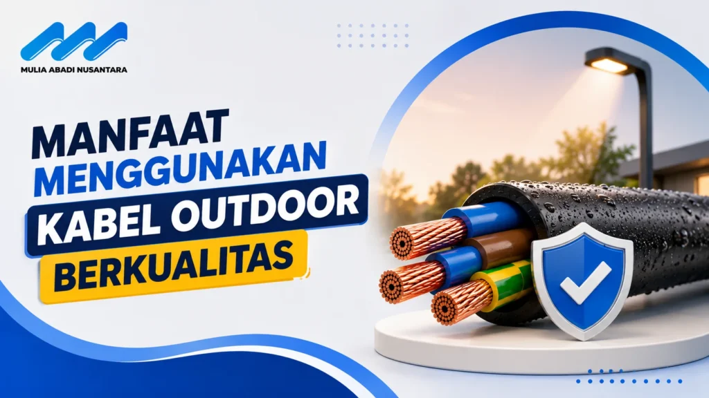 Banner manfaat kabel outdoor berkualitas dengan ilustrasi kabel listrik tahan cuaca dan simbol keamanan instalasi luar ruangan.