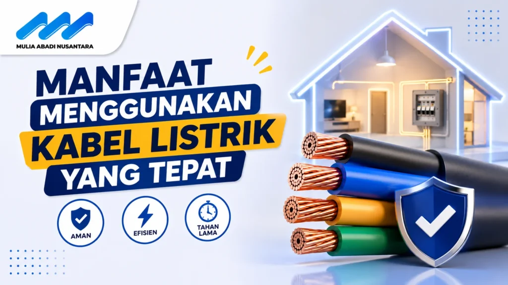 Banner manfaat menggunakan kabel listrik yang tepat dengan ilustrasi kabel berwarna, instalasi rumah, dan simbol keamanan serta efisiensi listrik.
