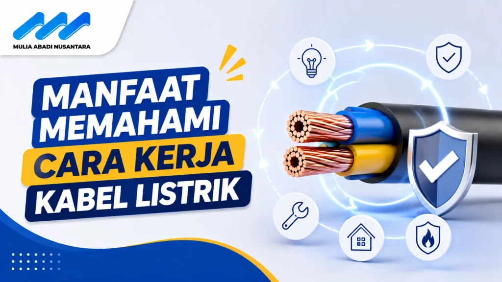 Banner manfaat memahami cara kerja kabel listrik dengan ilustrasi kabel berinti tembaga, simbol keamanan, efisiensi energi, dan instalasi listrik rumah.