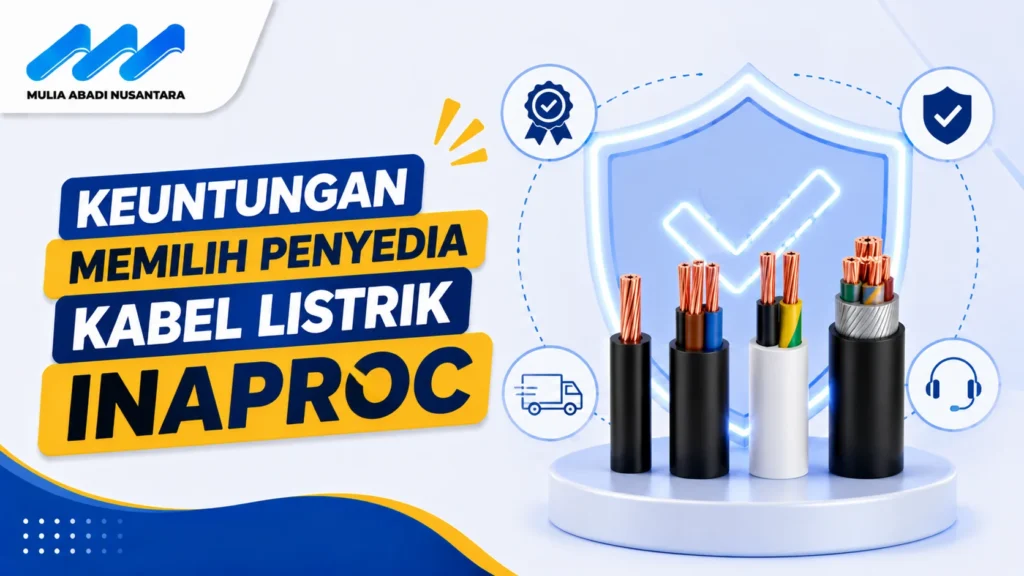 Banner keuntungan memilih penyedia kabel listrik Inaproc dengan ilustrasi berbagai jenis kabel listrik, simbol perlindungan, kualitas terjamin, dan layanan profesional.