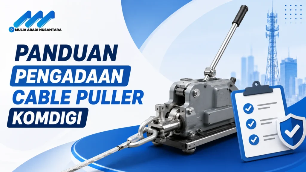 "Banner 16:9 bertema panduan pengadaan cable puller Komdigi dengan ilustrasi alat penarik kabel, checklist verifikasi, ikon keamanan, logo Mulia Abadi Nusantara, dan desain minimalis profesional bernuansa biru."