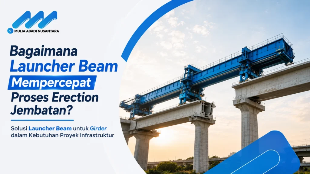 Banner Launcher Beam untuk mempercepat proses erection jembatan dan mendukung proyek infrastruktur dengan logo Mulia Abadi Nusantara.