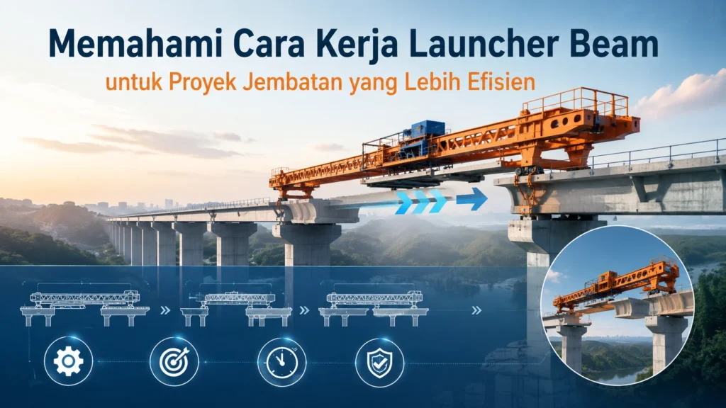 Ilustrasi launcher beam modern yang digunakan dalam konstruksi jembatan untuk mempercepat pemasangan girder dan meningkatkan efisiensi proyek jembatan.