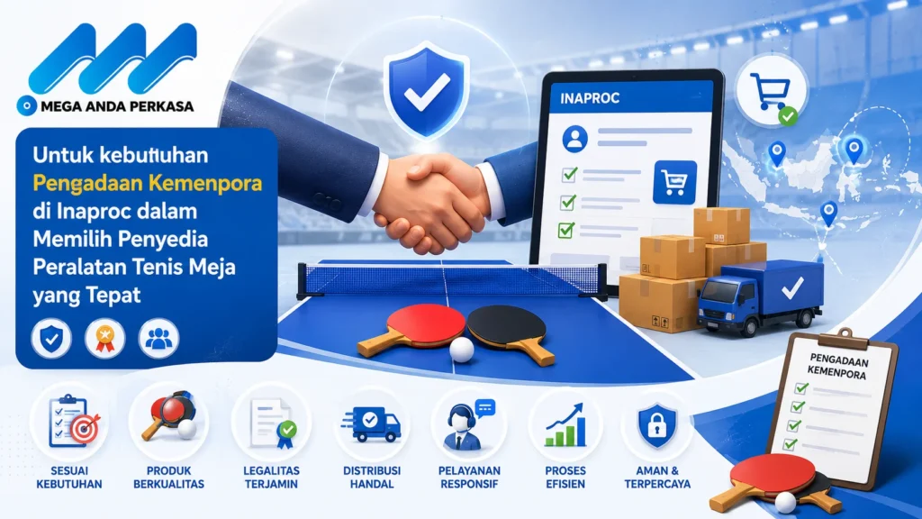 Banner pengadaan Kemenpora di Inaproc dengan ilustrasi jabat tangan kemitraan, meja tenis, platform digital pengadaan, distribusi logistik, ikon legalitas, kualitas, pelayanan, dan keamanan, serta logo Mega Anda Perkasa dalam desain profesional bernuansa biru.