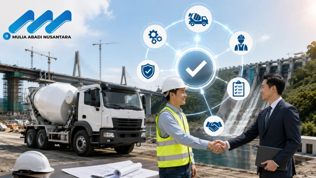Banner pengadaan truck mixer untuk proyek Kemen PU menampilkan truck mixer di area konstruksi infrastruktur, dua profesional berjabat tangan, ikon solusi pengadaan, serta logo Mulia Abadi Nusantara.