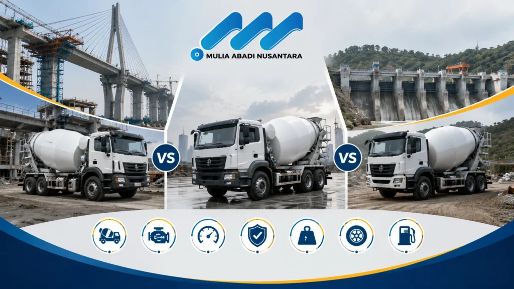 Banner perbandingan spesifikasi truck mixer untuk pengadaan Kemen PU dengan tiga unit truck mixer di area konstruksi, latar proyek jembatan dan bendungan, serta logo Mulia Abadi Nusantara.