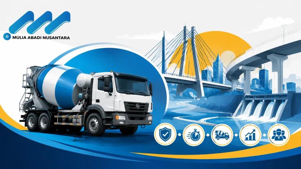 Banner ilustrasi truck mixer beton pada proyek infrastruktur Kementerian PU dengan latar jembatan, jalan layang, bendungan, ikon konstruksi, dan logo Mulia Abadi Nusantara.