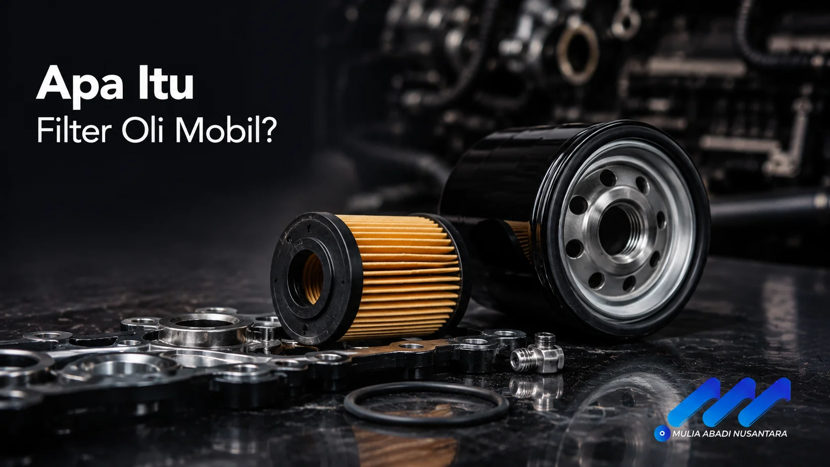Filter oli mobil beserta elemen penyaringnya ditampilkan sebagai ilustrasi komponen penting dalam menjaga kebersihan oli dan performa mesin kendaraan.