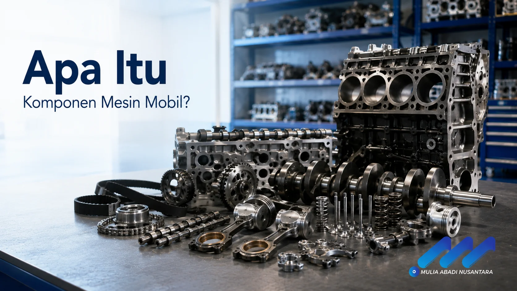 Komponen mesin mobil seperti blok mesin, crankshaft, piston, camshaft, dan katup ditampilkan sebagai ilustrasi bagian utama sistem penggerak kendaraan.