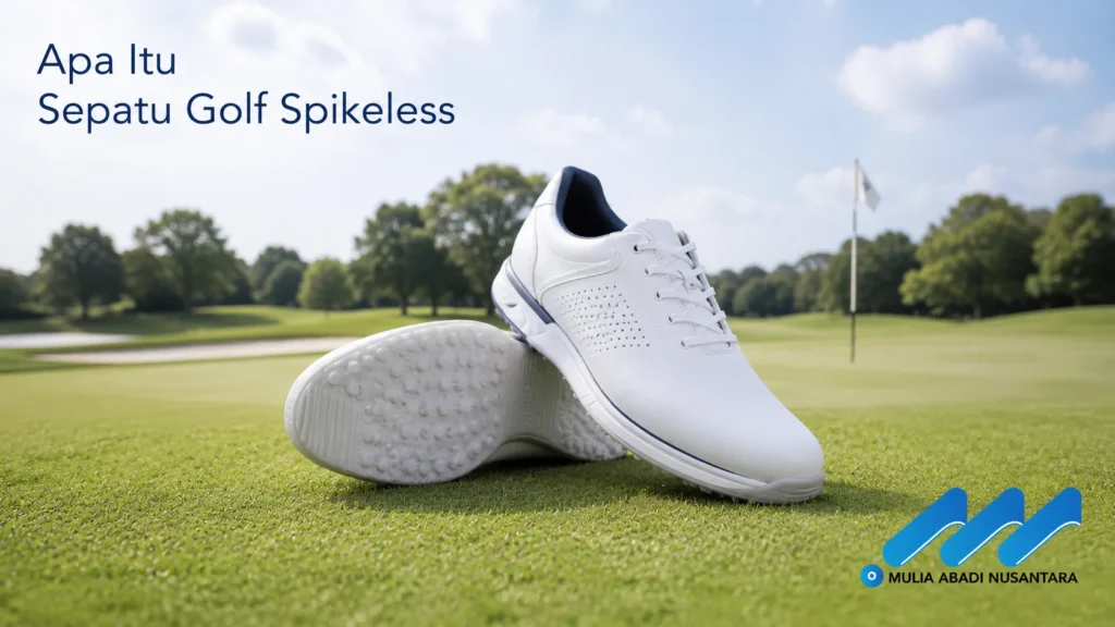 Banner sepatu golf spikeless dengan foto produk sepatu golf tanpa spike di lapangan golf serta logo Mulia Abadi Nusantara.