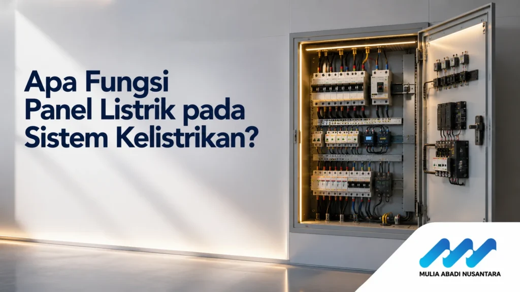 Ilustrasi fungsi panel listrik pada sistem kelistrikan bangunan modern dengan komponen distribusi dan proteksi arus listrik.