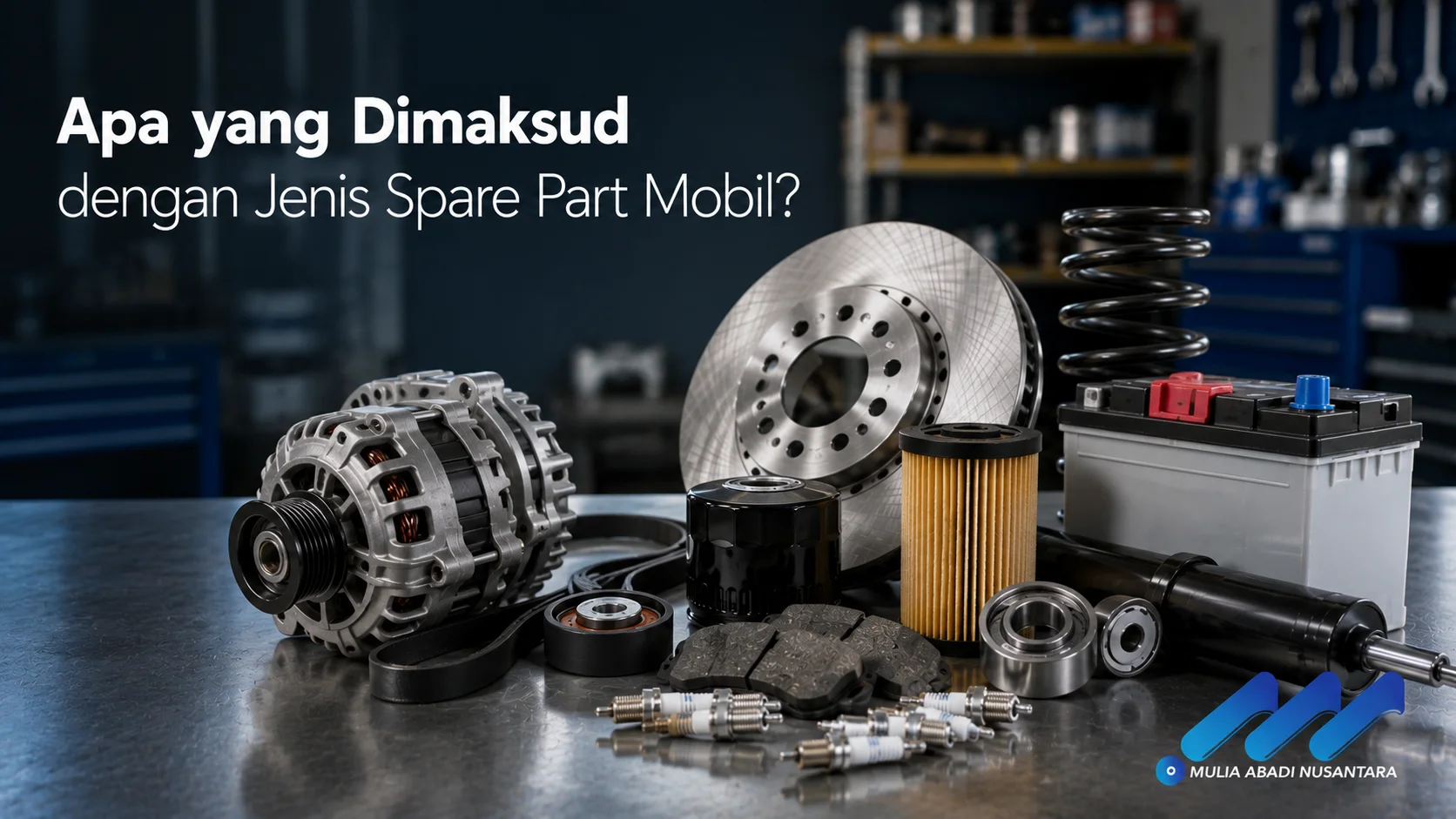 Beragam jenis spare part mobil seperti filter, cakram rem, aki, shock absorber, dan komponen mesin ditampilkan sebagai ilustrasi berbagai komponen penting pada sistem kendaraan.