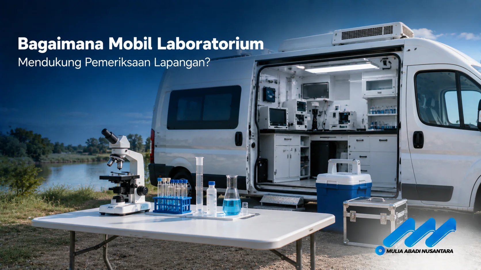 Mobil laboratorium dengan fasilitas pengujian lengkap yang digunakan untuk mendukung pemeriksaan dan analisis sampel secara langsung di lapangan.