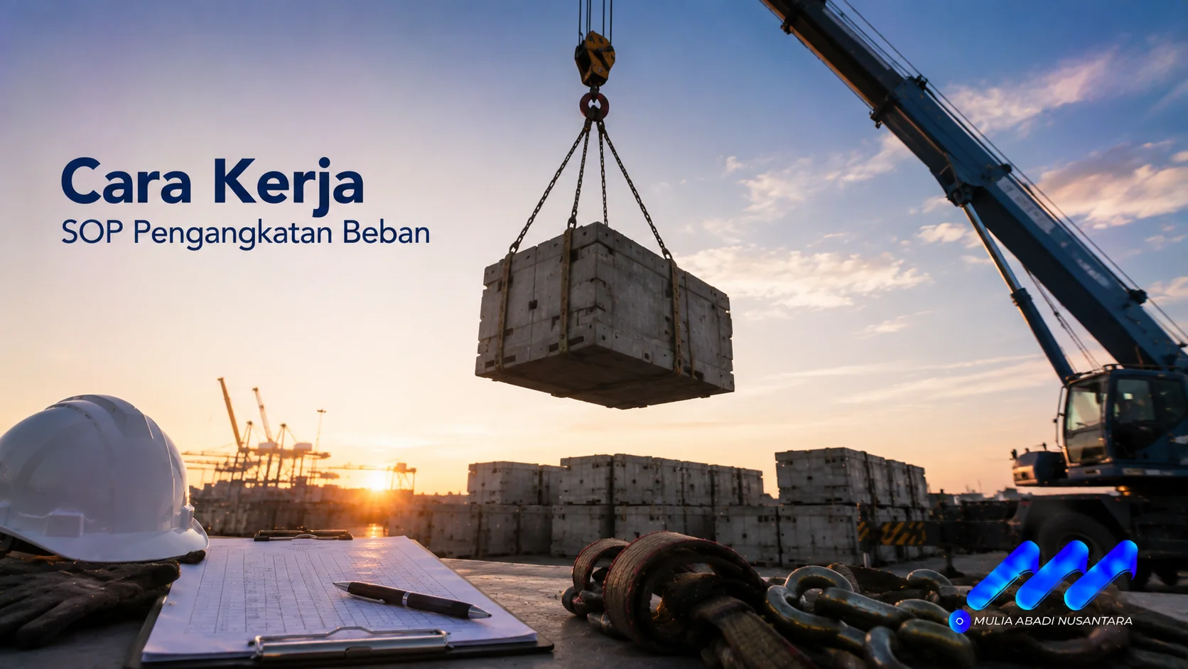 Proses SOP pengangkatan beban menggunakan crane ditampilkan mulai dari persiapan hingga pemindahan material secara aman sesuai prosedur kerja.