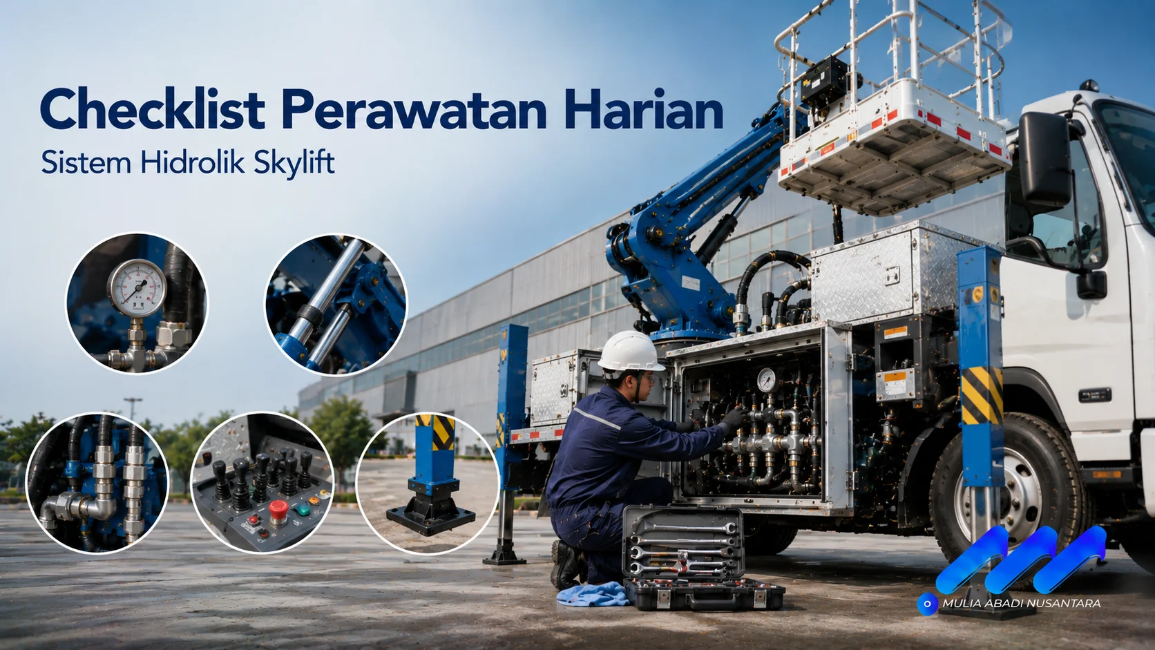 Checklist perawatan harian sistem hidrolik skylift menampilkan pemeriksaan komponen hidrolik, boom, dan panel kontrol untuk menjaga kinerja alat tetap optimal.