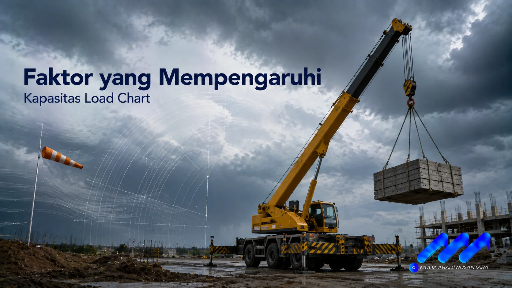 Crane mengangkat beban berdasarkan load chart sebagai acuan kapasitas angkat yang dipengaruhi oleh radius kerja, panjang boom, dan kondisi operasional.