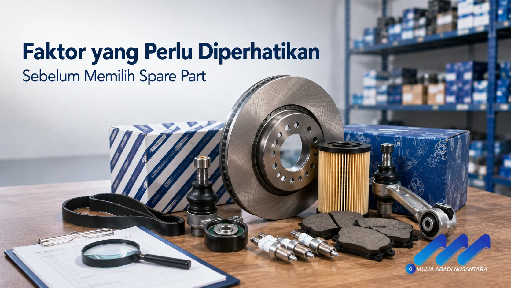 Berbagai spare part mobil seperti cakram rem, filter oli, kampas rem, timing belt, dan komponen suspensi ditampilkan sebagai ilustrasi faktor penting sebelum memilih suku cadang kendaraan.