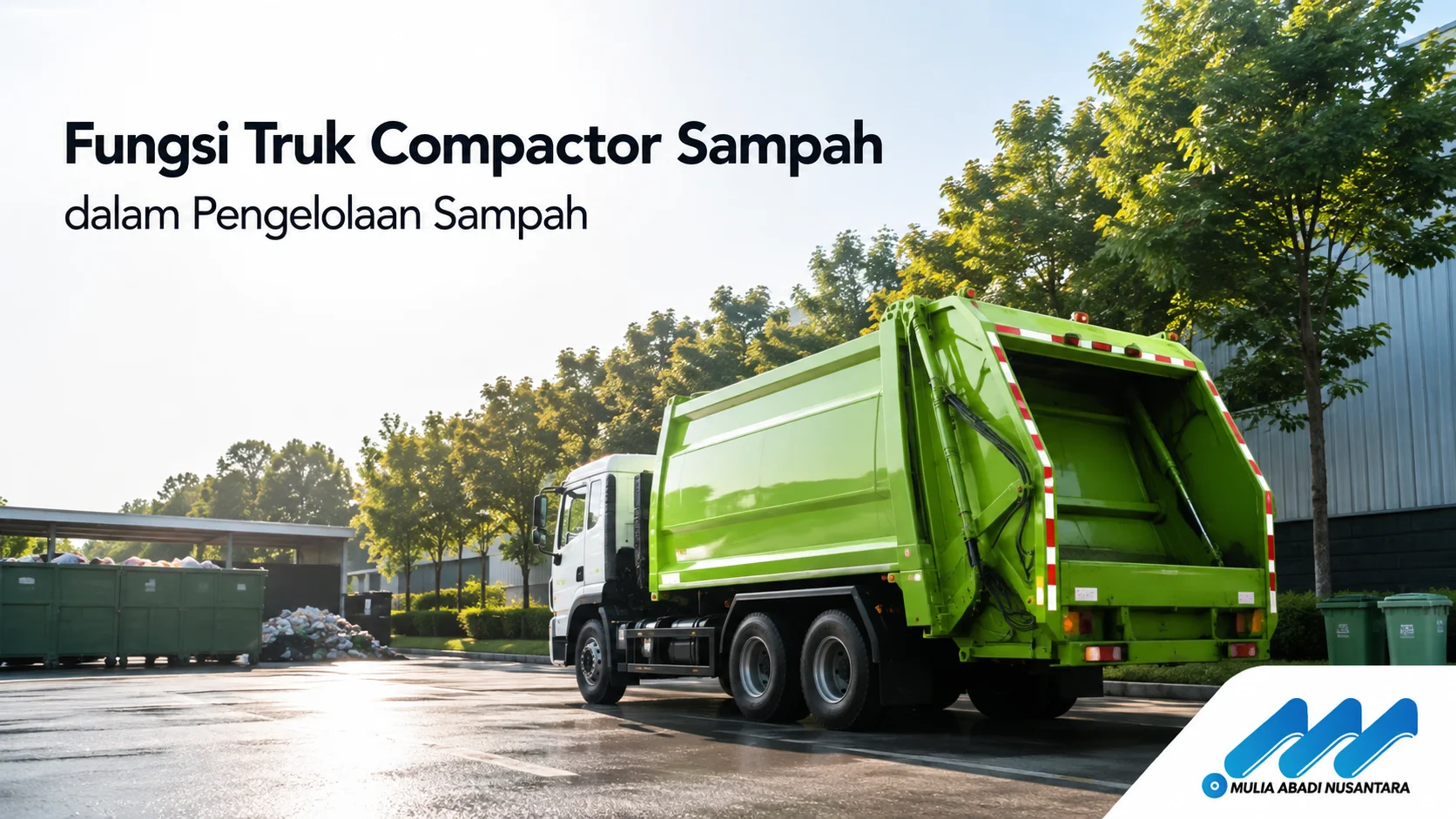 Truk compactor sampah beroperasi di area pengelolaan limbah dengan latar belakang fasilitas pengolahan sampah yang realistis.