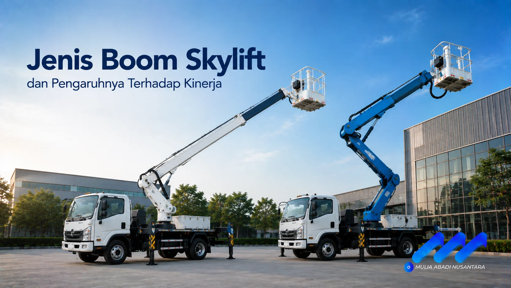 Ilustrasi dua jenis boom truk skylift, yaitu telescopic boom dan articulating boom, yang menunjukkan perbedaan karakteristik serta pengaruhnya terhadap kinerja pekerjaan di ketinggian.
