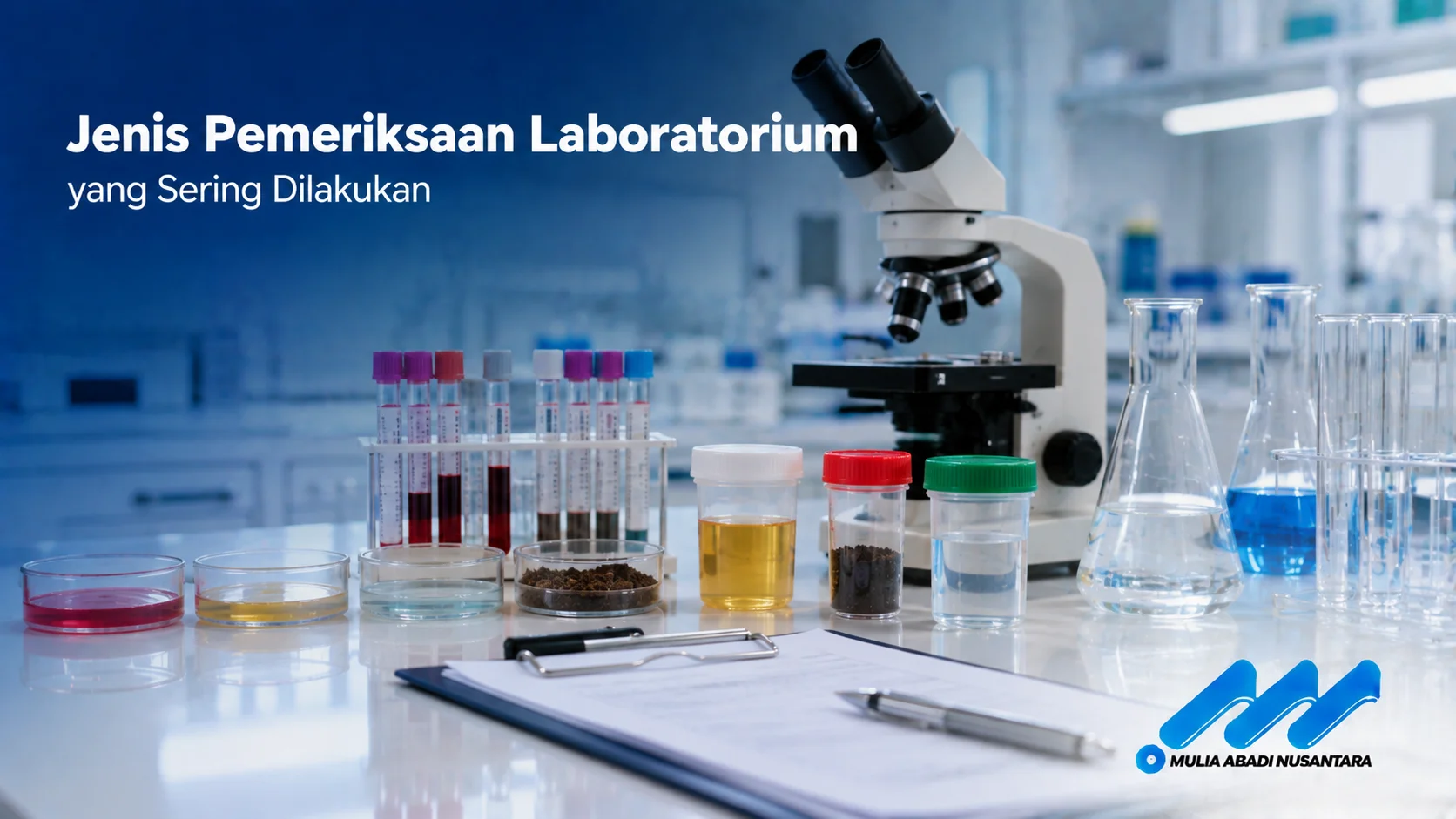 Berbagai jenis pemeriksaan laboratorium menggunakan peralatan dan sampel untuk mendukung proses analisis yang akurat dan sesuai standar.