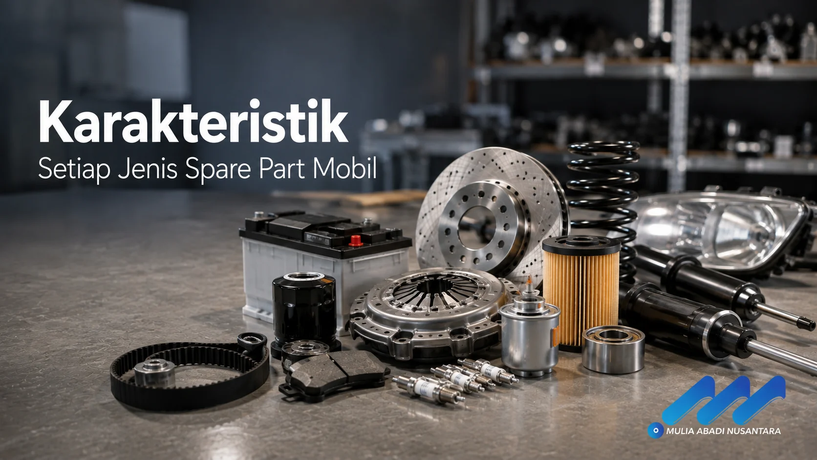 Berbagai jenis spare part mobil seperti cakram rem, filter, shock absorber, aki, dan komponen mesin ditampilkan sebagai ilustrasi karakteristik setiap komponen kendaraan.