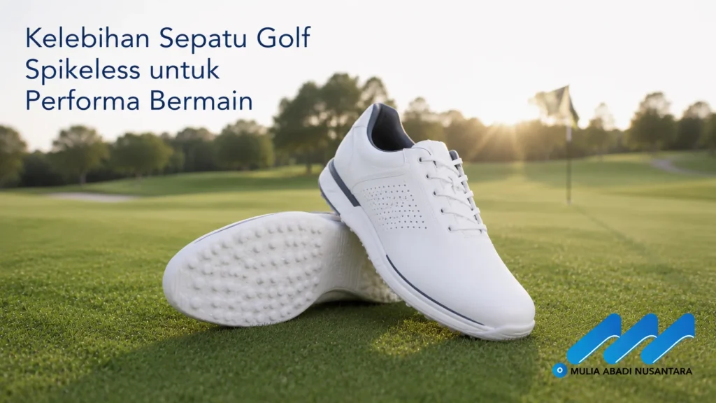 Banner sepatu golf spikeless premium di lapangan golf dengan fokus pada desain outsole dan kenyamanan bermain, dilengkapi logo Mulia Abadi Nusantara.