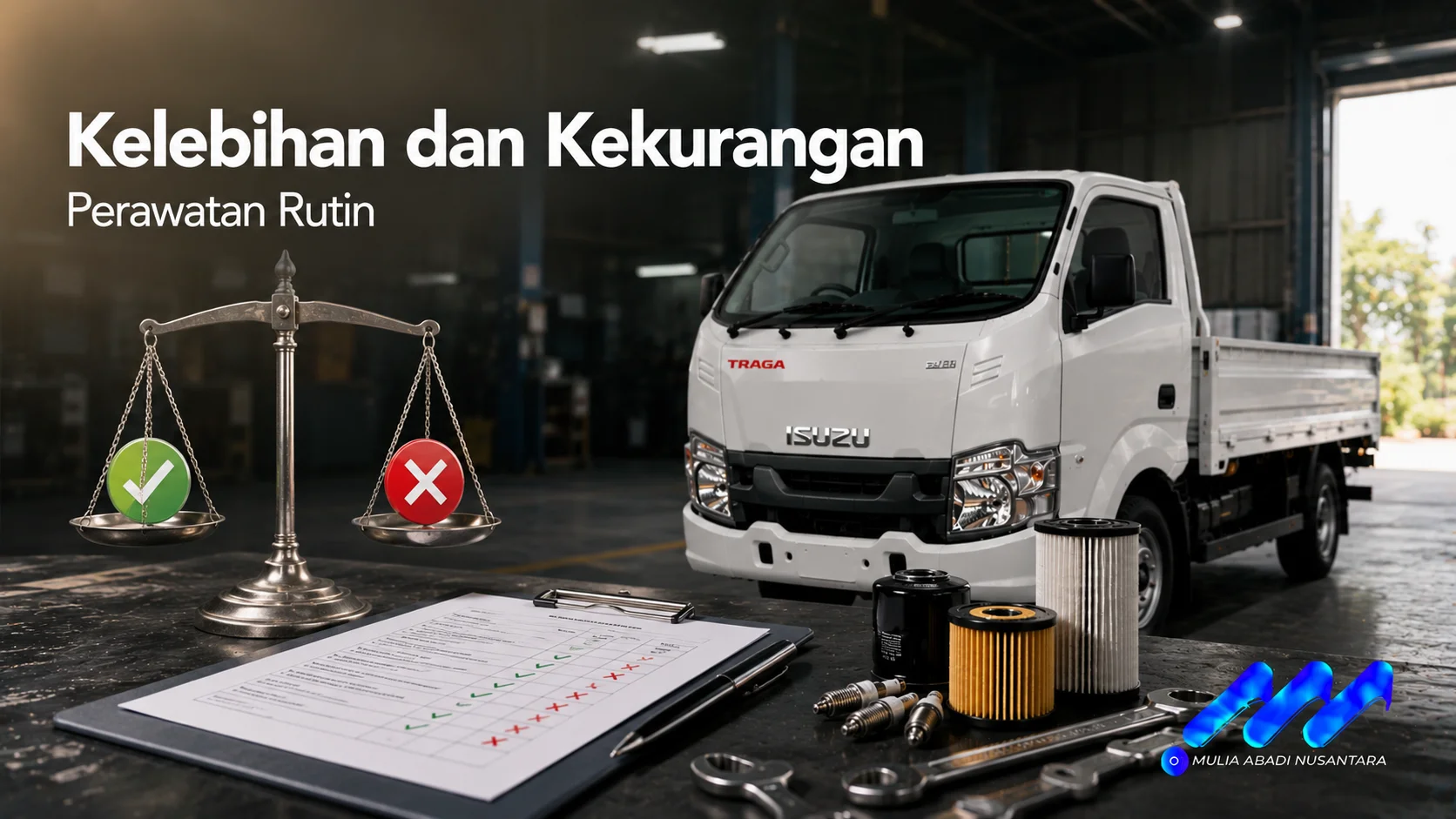 Ilustrasi perawatan rutin Isuzu Traga di area bengkel dengan komponen servis untuk mendukung performa kendaraan operasional.