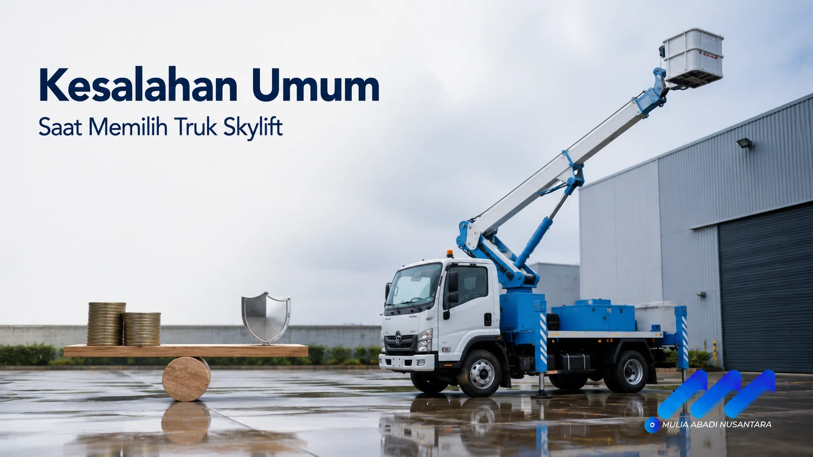 Truk skylift dengan boom hidrolik dan bucket kerja ditampilkan di area industri sebagai ilustrasi pentingnya memilih unit yang sesuai dengan kebutuhan operasional.