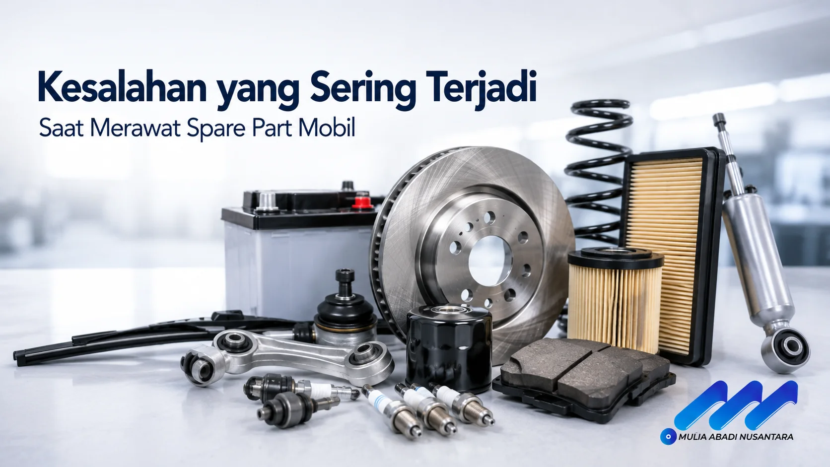 Berbagai spare part mobil seperti cakram rem, filter, shock absorber, aki, dan komponen suspensi tersusun rapi sebagai ilustrasi pentingnya perawatan yang benar untuk menjaga performa kendaraan.