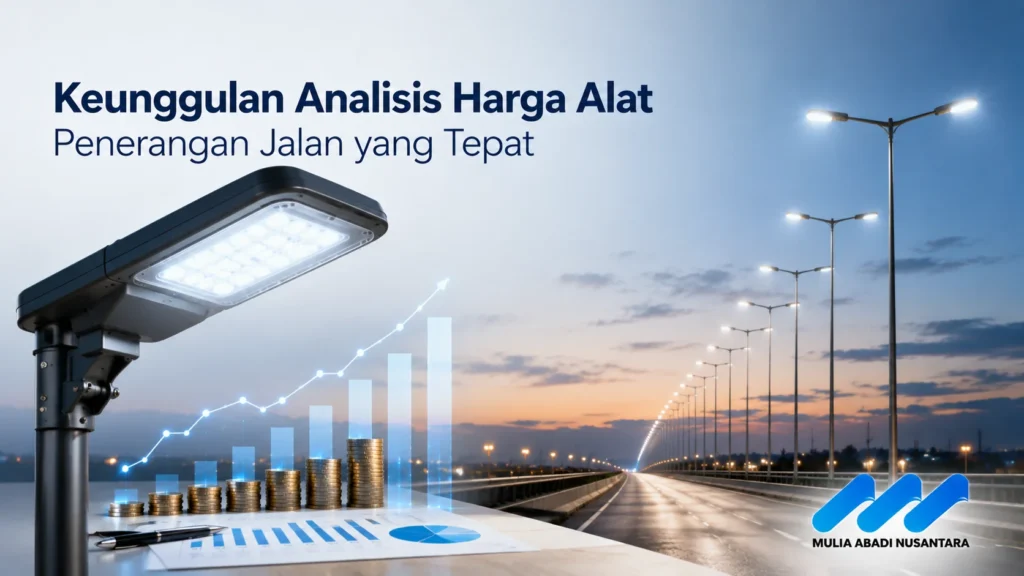 Banner lampu penerangan jalan LED modern dengan ilustrasi analisis harga pengadaan dan logo Mulia Abadi Nusantara.