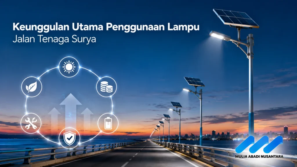 Ruas jalan pedesaan yang aman diterangi lampu jalan tenaga surya di malam hari.