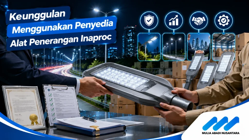 Penyerahan simbolis alat penerangan jalan bersertifikat antara penyedia Inaproc dan tim pengadaan pemerintah.