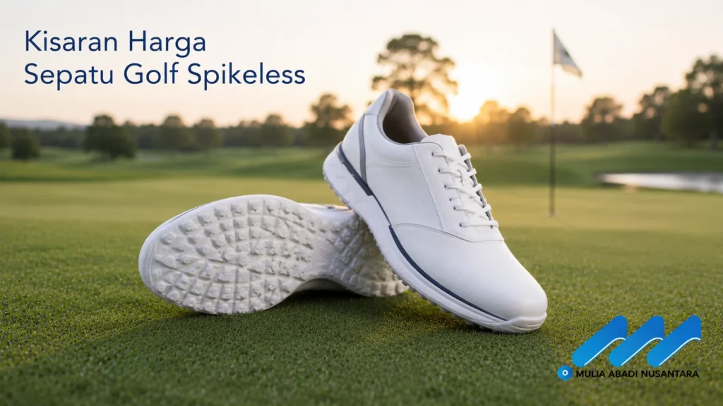 Banner sepatu golf spikeless premium di lapangan golf dengan fokus pada produk dan logo Mulia Abadi Nusantara.