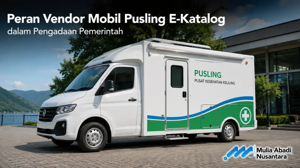 Mobil Pusling E-Katalog untuk pengadaan pemerintah di area fasilitas kesehatan modern.
