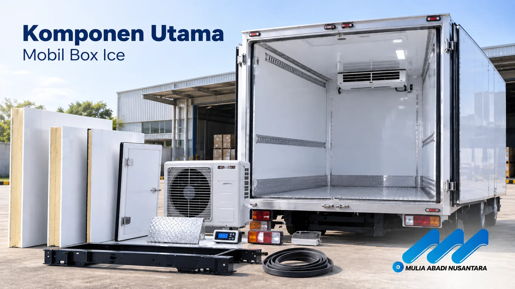 Komponen utama mobil box ice meliputi box berinsulasi, unit pendingin, dan sistem pendukung untuk menjaga suhu produk tetap stabil selama distribusi.