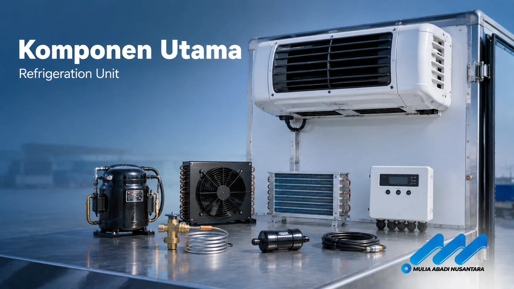 Komponen utama refrigeration unit pada mobil box pendingin yang bekerja menjaga suhu ruang muatan tetap stabil selama distribusi.