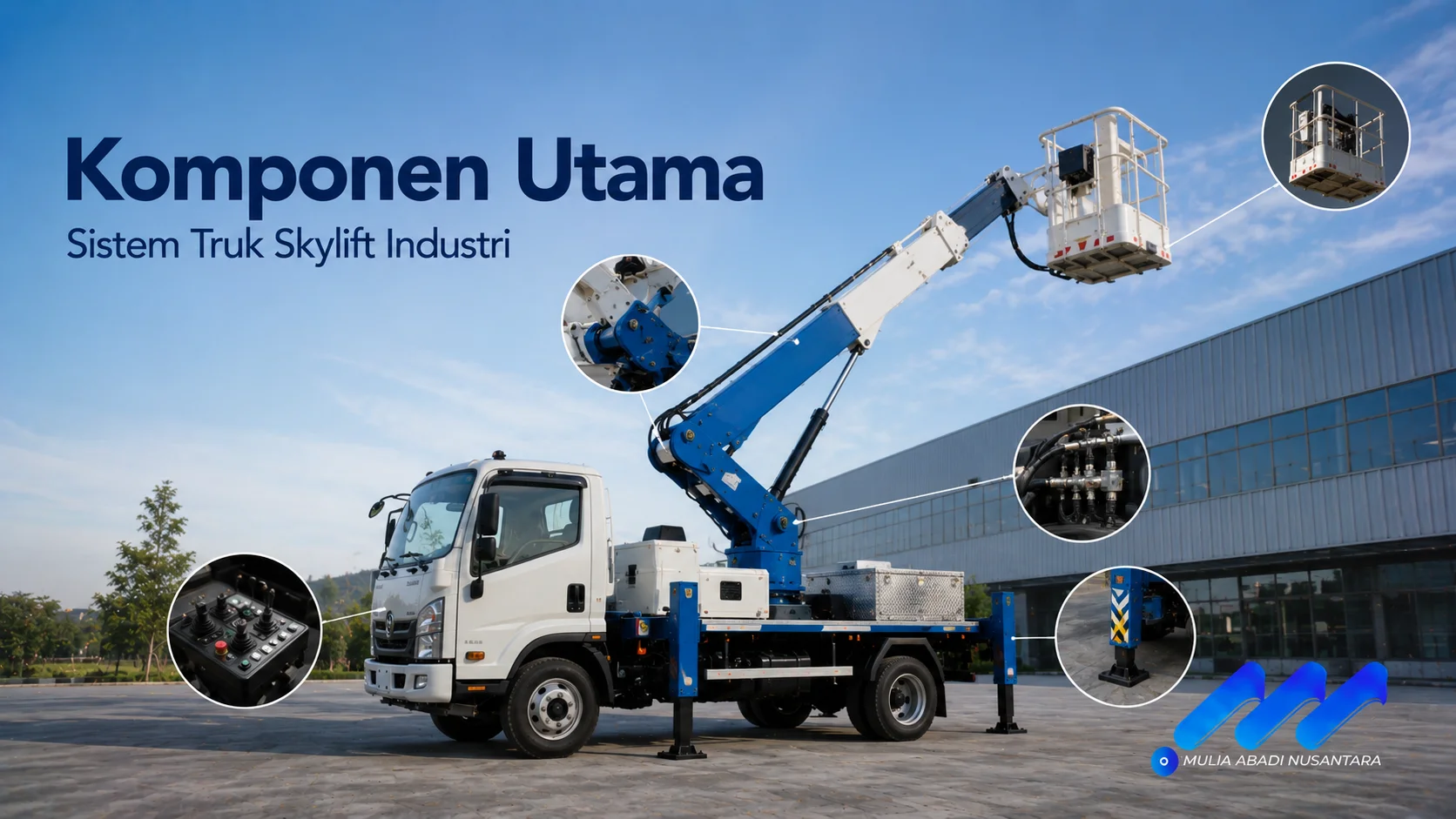 Komponen utama sistem truk skylift seperti boom hidrolik, bucket kerja, outrigger, dan panel kontrol ditampilkan sebagai ilustrasi bagian penting pendukung operasional di ketinggian.
