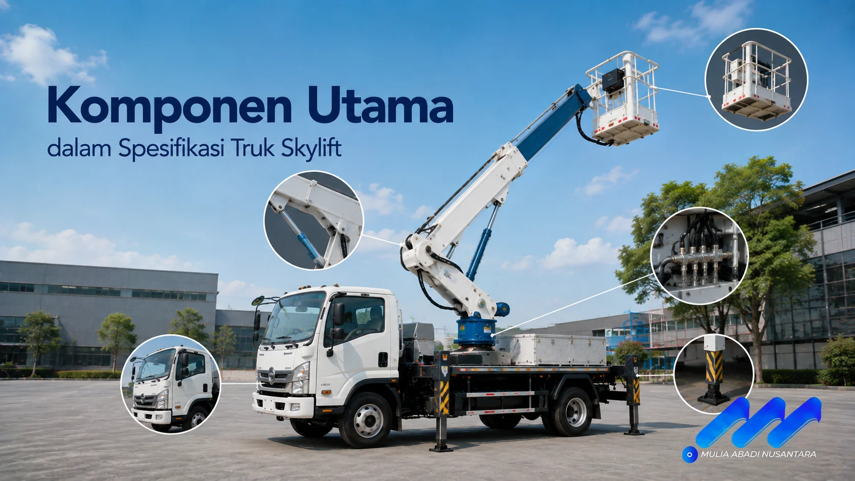 Komponen utama dalam spesifikasi truk skylift seperti chassis, boom hidrolik, bucket kerja, dan outrigger ditampilkan untuk menggambarkan bagian penting yang mendukung stabilitas serta keselamatan saat bekerja di ketinggian.