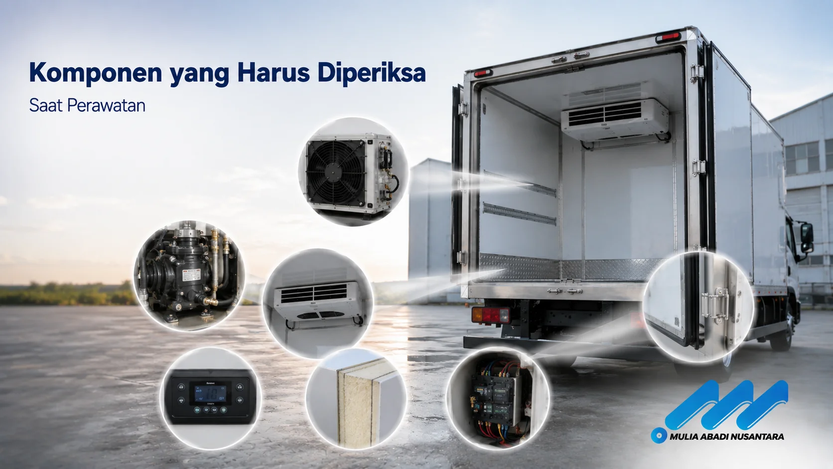 Pemeriksaan komponen utama mobil box pendingin untuk memastikan sistem refrigerasi bekerja optimal dan suhu distribusi tetap stabil.