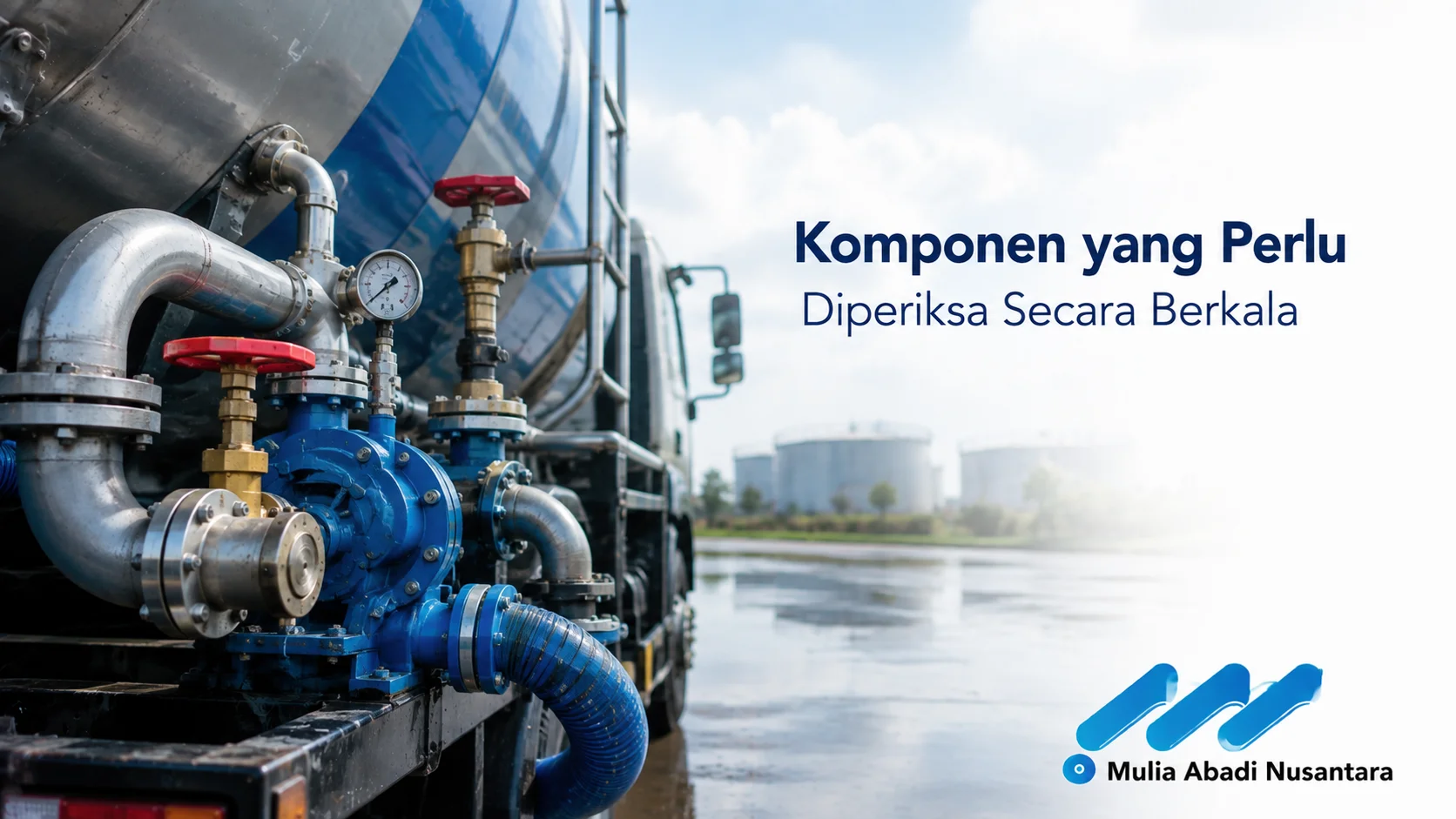 Komponen mobil tangki air seperti pompa, katup, dan perpipaan yang diperiksa secara berkala untuk menjaga kelancaran distribusi air