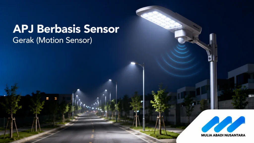 Jenis APJ smart lighting berbasis sensor gerak yang otomatis menyala terang ketika ada kendaraan atau pejalan kaki melintas.