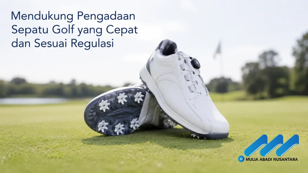 Banner pengadaan sepatu golf dengan foto produk sepatu golf premium realistis di lapangan golf serta logo Mulia Abadi Nusantara.