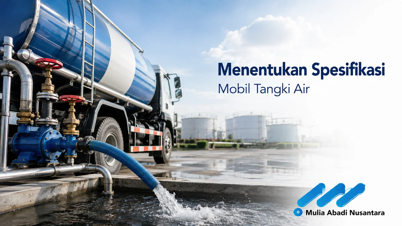 Mobil tangki air dengan sistem pompa dan tangki berkapasitas besar yang mendukung distribusi air bersih secara efisien.