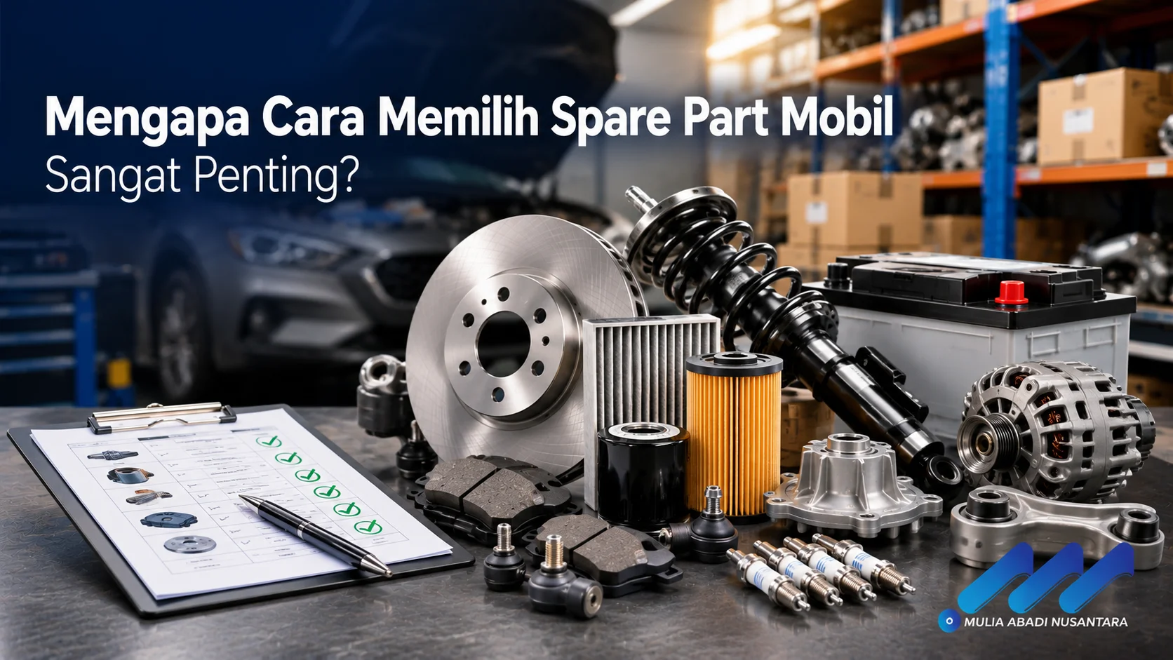 Berbagai spare part mobil berkualitas seperti cakram rem, filter, shock absorber, aki, dan alternator tersusun rapi di bengkel sebagai ilustrasi pentingnya memilih komponen yang sesuai.