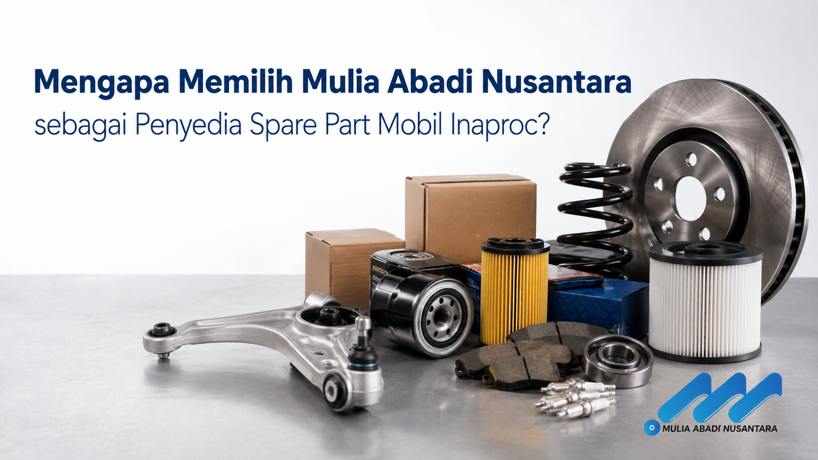 Berbagai spare part mobil berkualitas tersusun rapi di lingkungan bengkel modern sebagai ilustrasi layanan Mulia Abadi Nusantara untuk pengadaan spare part mobil melalui Inaproc.