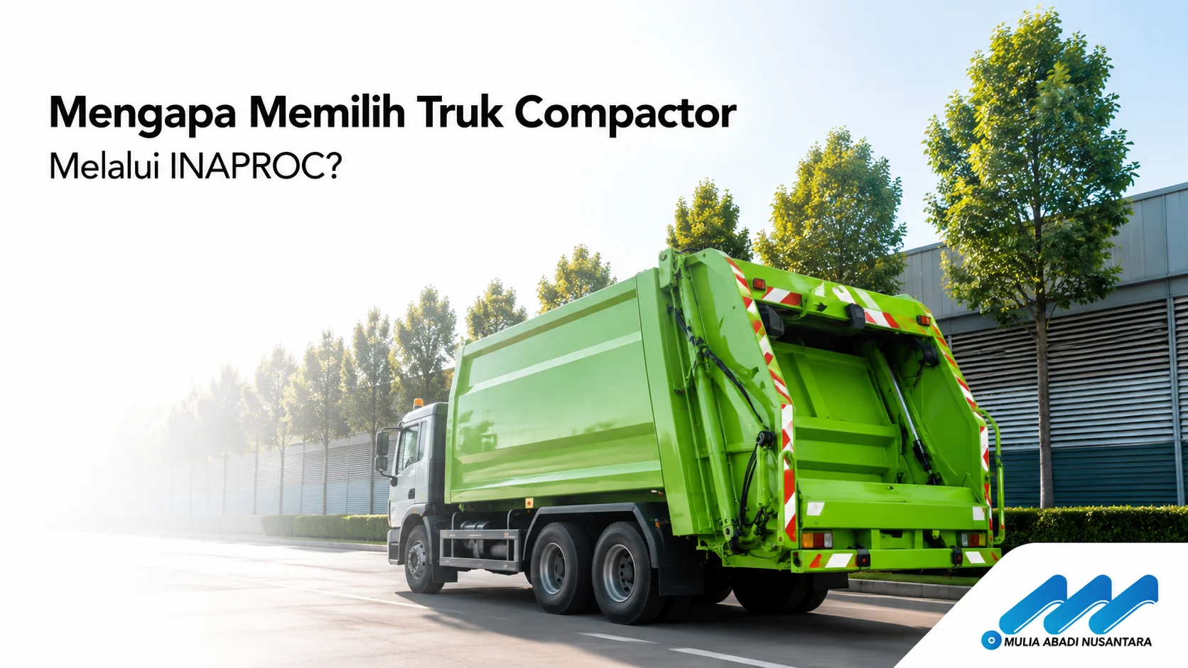 Truk compactor untuk pengadaan melalui INAPROC dengan latar kawasan industri modern.
