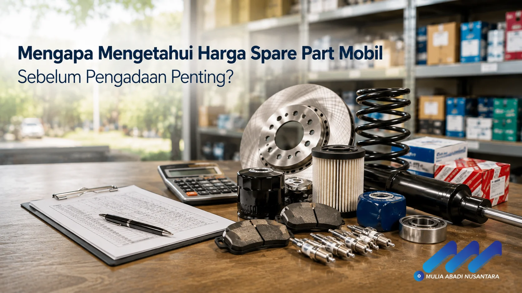 Berbagai spare part mobil berkualitas ditampilkan di area gudang dan meja kerja sebagai ilustrasi pentingnya mengetahui harga spare part sebelum proses pengadaan.