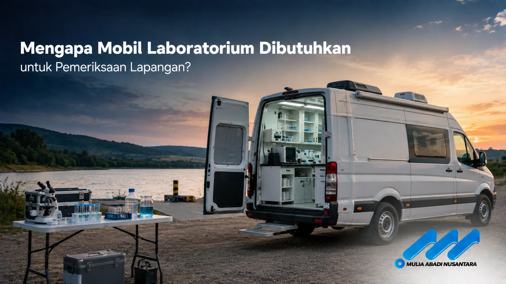 Mobil laboratorium dengan fasilitas pengujian lengkap yang digunakan untuk melakukan pemeriksaan dan analisis sampel langsung di lapangan.